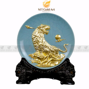 Đĩa hổ men rạn dát vàng 24k