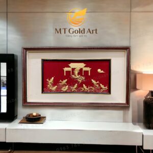 Tranh cá chép vượt vũ môn dát vàng (50x90cm)