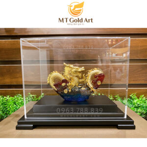Biểu trưng tượng rồng vờn ngọc dát vàng (25x15x19cm)