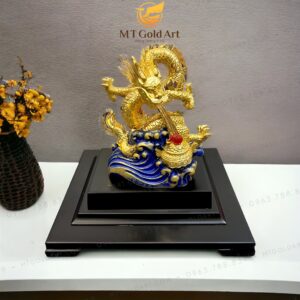 Tượng Rồng phong thủy nhả ngọc dát vàng (17x20x24cm)
