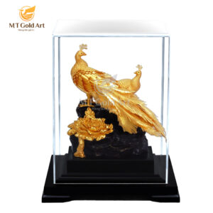 Tượng chim công và hoa mẫu đơn dát vàng - Mẫu 3 (17x14x22cm)