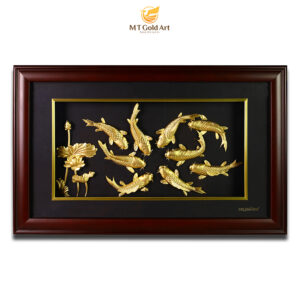 Tranh cá chép hoa sen dát vàng (36x58cm) - Cửu ngư quần hội
