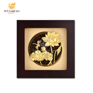 Tranh hoa sen chuồn chuồn dát vàng 24k (20x20cm)